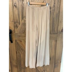 Fashion Cotton Linen Wide Leg Pants Beige Tan Drawstring Elastic Waist Pockets